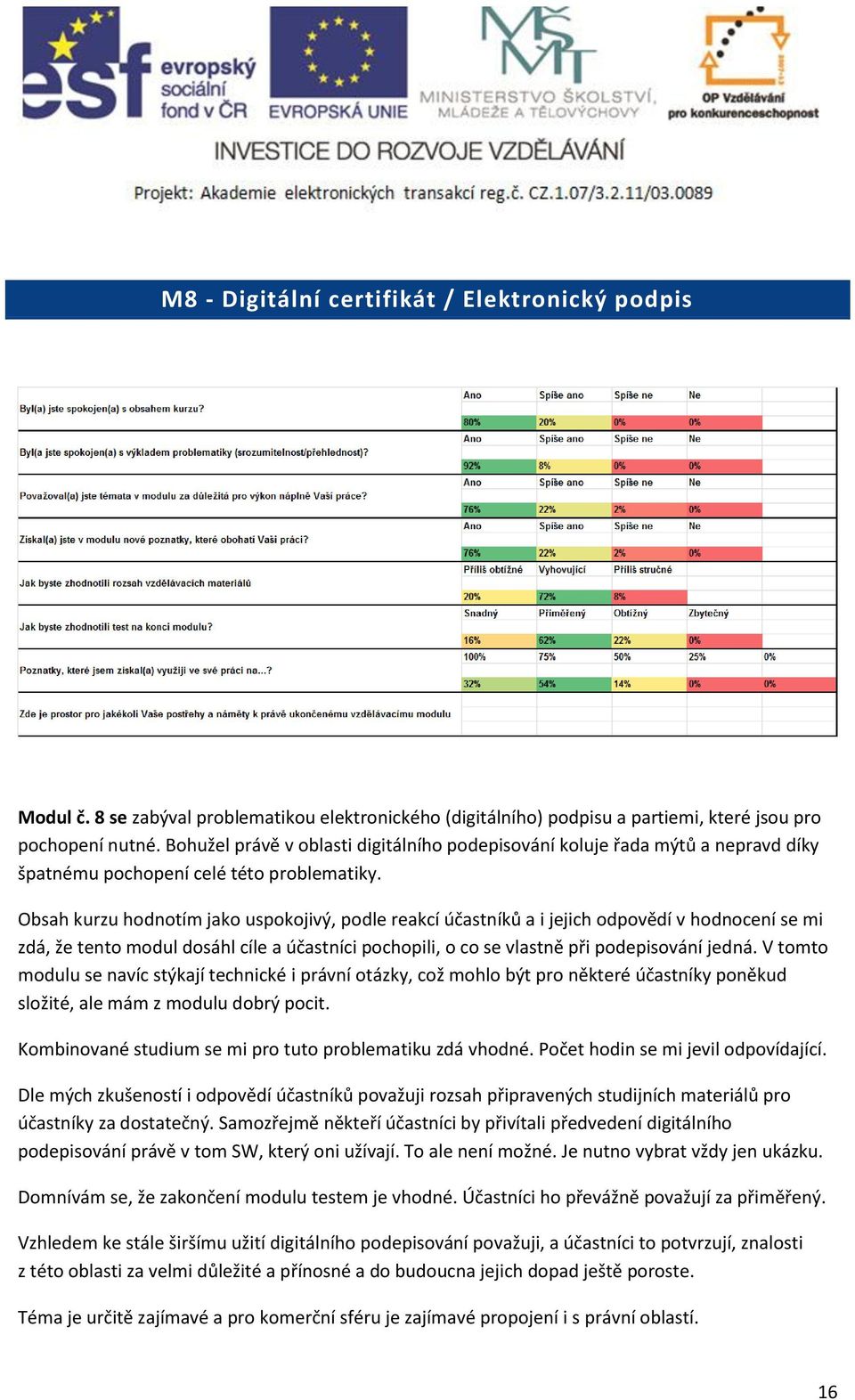 Obsah kurzu hodnotím jako uspokojivý, podle reakcí účastníků a i jejich odpovědí v hodnocení se mi zdá, že tento modul dosáhl cíle a účastníci pochopili, o co se vlastně při podepisování jedná.