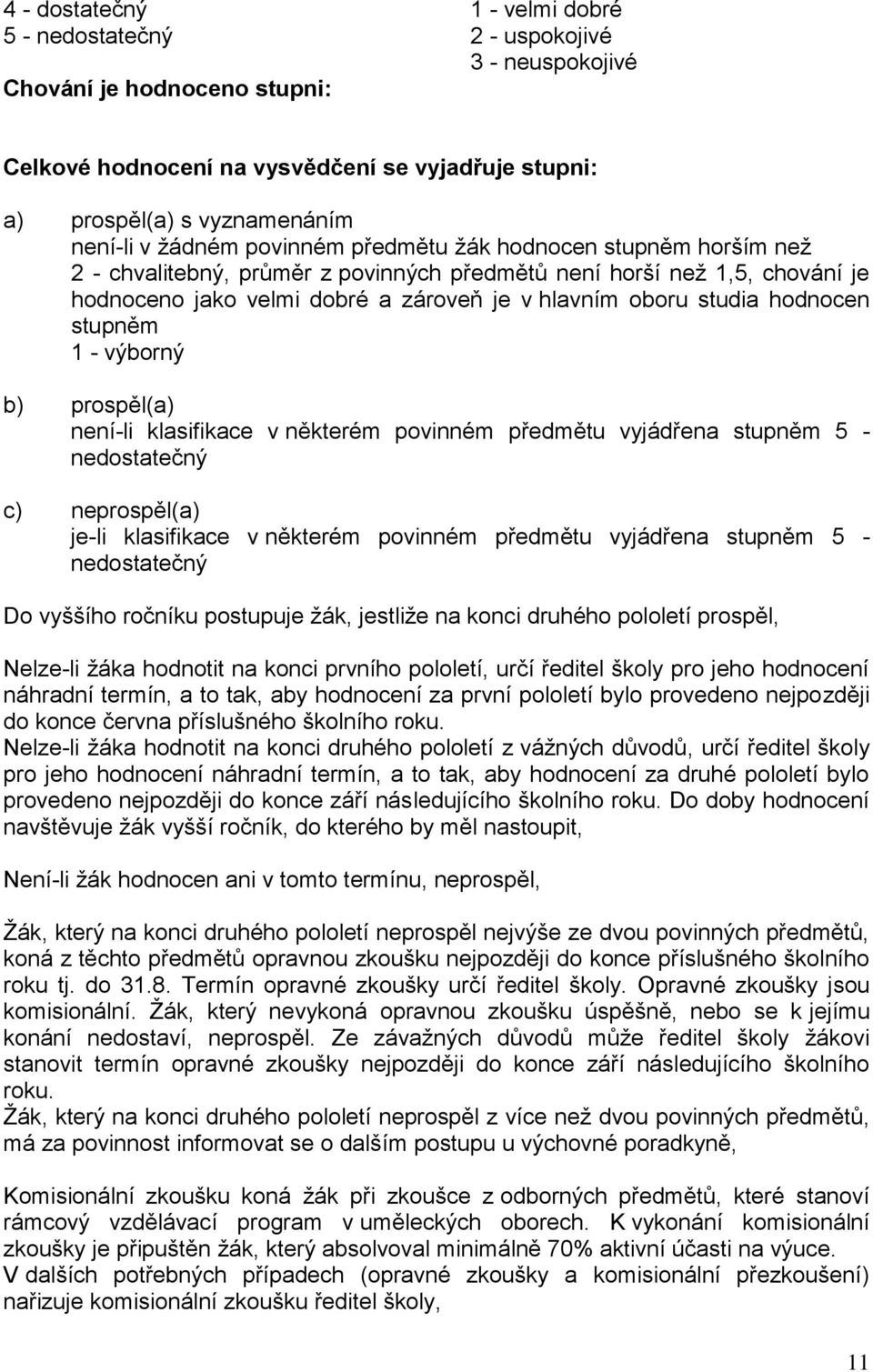 hodnocen stupněm 1 - výborný b) prospěl(a) není-li klasifikace v některém povinném předmětu vyjádřena stupněm 5 - nedostatečný c) neprospěl(a) je-li klasifikace v některém povinném předmětu vyjádřena