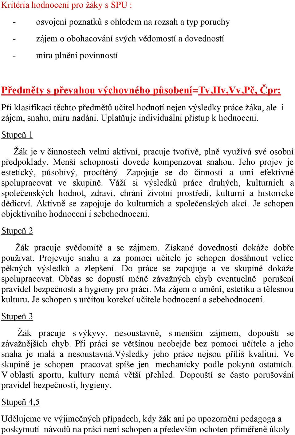 Stupeň 1 Žák je v činnostech velmi aktivní, pracuje tvořivě, plně využívá své osobní předpoklady. Menší schopnosti dovede kompenzovat snahou. Jeho projev je estetický, působivý, procítěný.