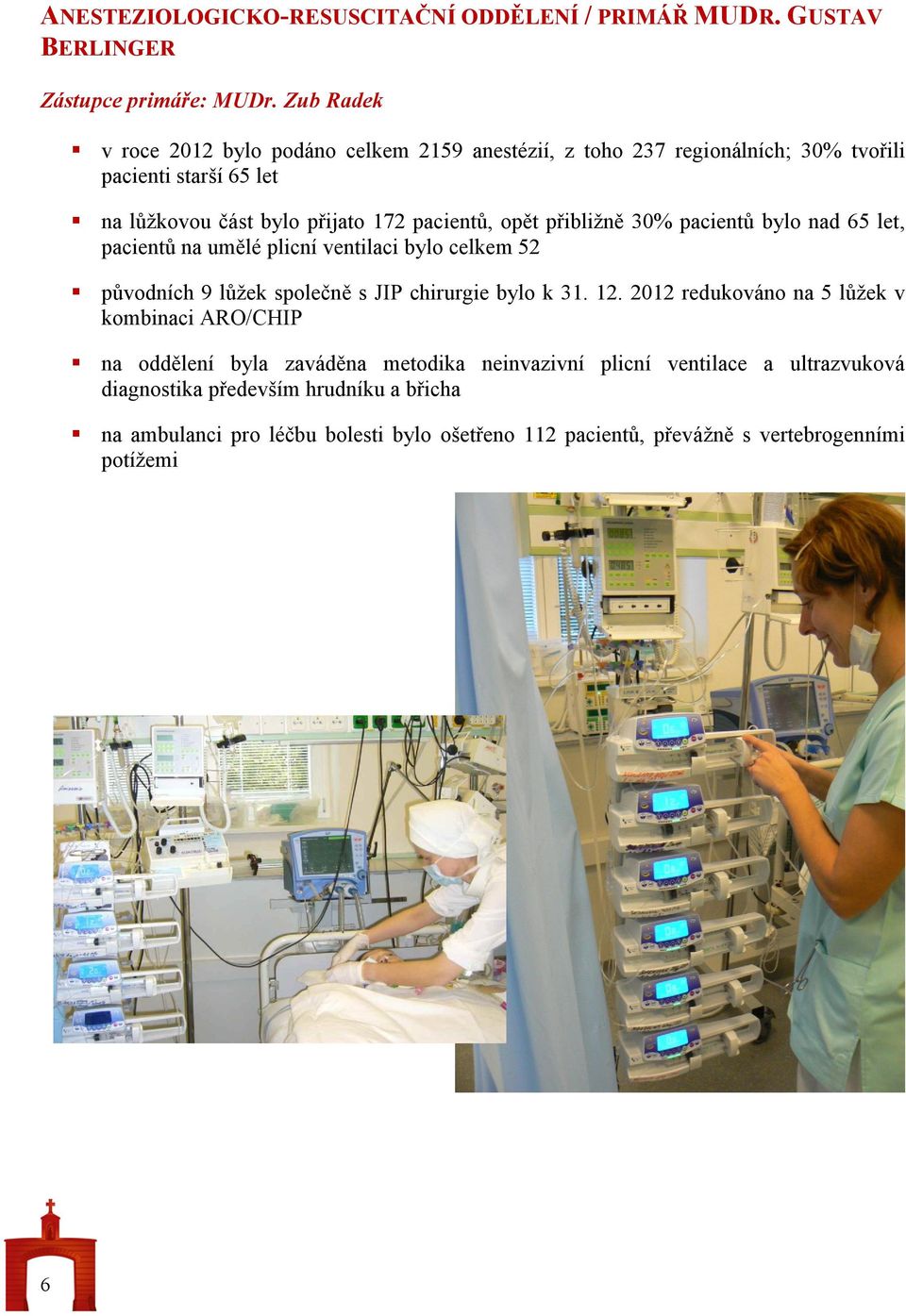 přibližně 30% pacientů bylo nad 65 let, pacientů na umělé plicní ventilaci bylo celkem 52 původních 9 lůžek společně s JIP chirurgie bylo k 31. 12.