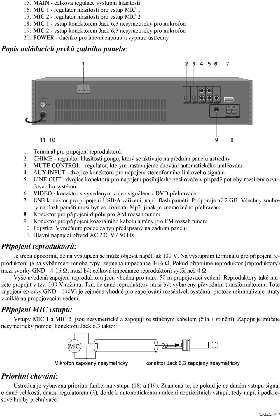 POWER - tlačítko pro hlavní zapnutí a vypnutí ústředny Popis ovládacích prvků zadního panelu: 1. Terminál pro připojení reproduktorů. 2.