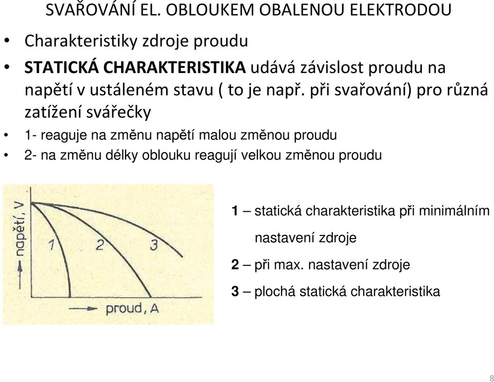 při svařování) pro různá zatížení svářečky 1- reaguje na změnu napětí malou změnou proudu 2- na