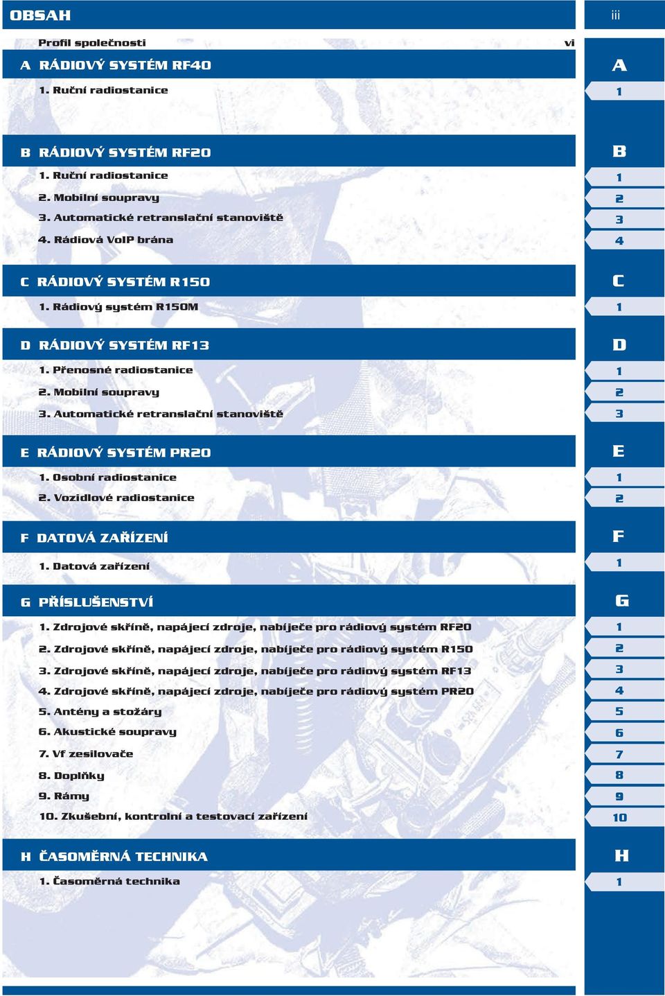 Osobní radiostanice 2. Vozidlové radiostanice F DATOVÁ ZAŘÍZENÍ 1. Datová zařízení G PŘÍSLUŠENSTVÍ 1. Zdrojové skříně, napájecí zdroje, nabíječe pro rádiový systém RF20 2.