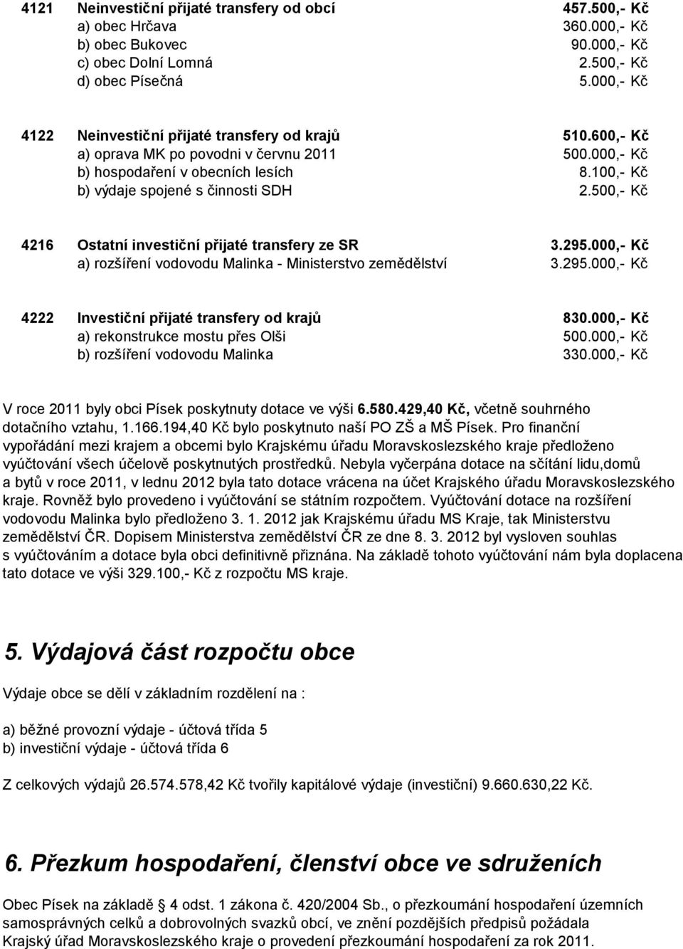 500,- Kč 4216 Ostatní investiční přijaté transfery ze SR 3.295.000,- Kč a) rozšíření vodovodu Malinka - Ministerstvo zemědělství 3.295.000,- Kč 4222 Investiční přijaté transfery od krajů 830.