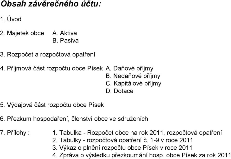 Výdajová část rozpočtu obce Písek 6. Přezkum hospodaření, členství obce ve sdruženích 7. Přílohy : 1.