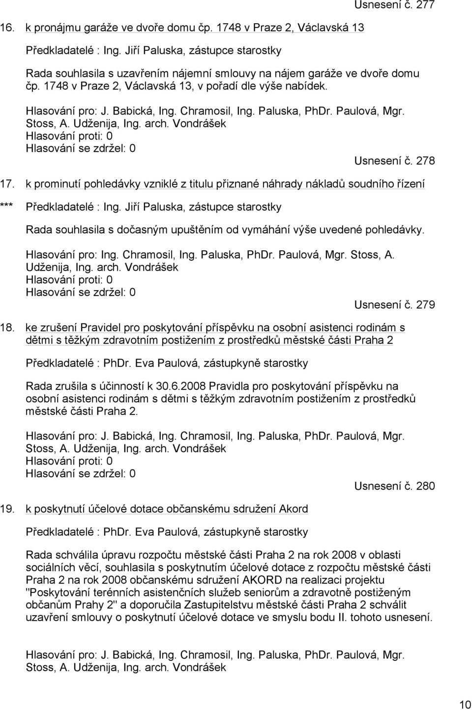 Paluska, PhDr. Paulová, Mgr. Stoss, A. Udženija, Ing. arch. Vondrášek Hlasování proti: 0 Hlasování se zdržel: 0 Usnesení č. 278 17.