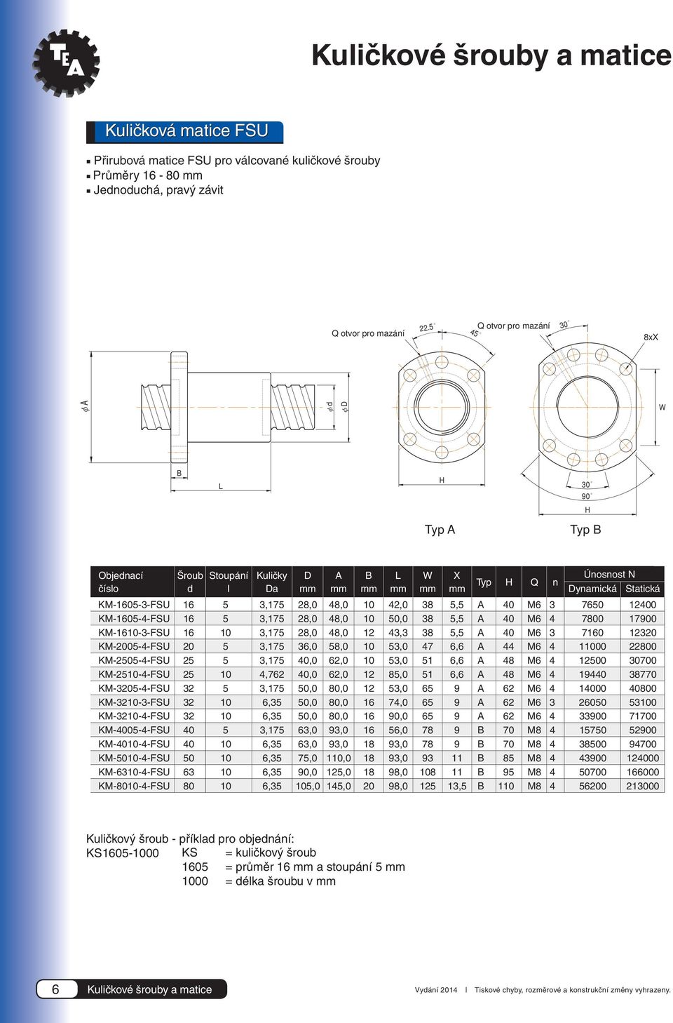 5 5 Q otvor pro mazání Q Oil ole 8xX 8-X thr φ φd φd B 90 Typ Type Type B Objednací Šroub Stoupání Kuličky D B X Unit : mm d I Da mm mm mmdimensions mm mm Typ Q n Únosnost N Dynamická Statická