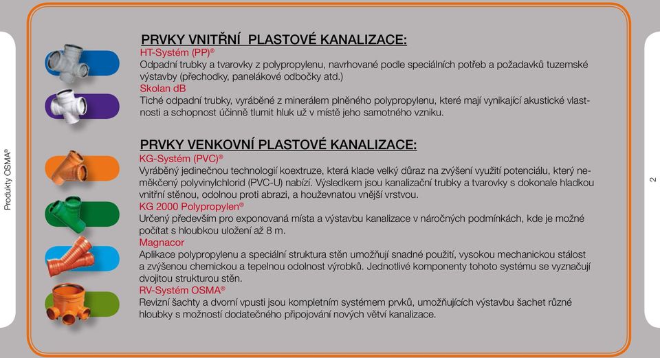 Produkty OSMA Prvky venkovní plastové kanalizace: KG-Systém (PVC) Vyráběný jedinečnou technologií koextruze, která klade velký důraz na zvýšení využití potenciálu, který neměkčený polyvinylchlorid