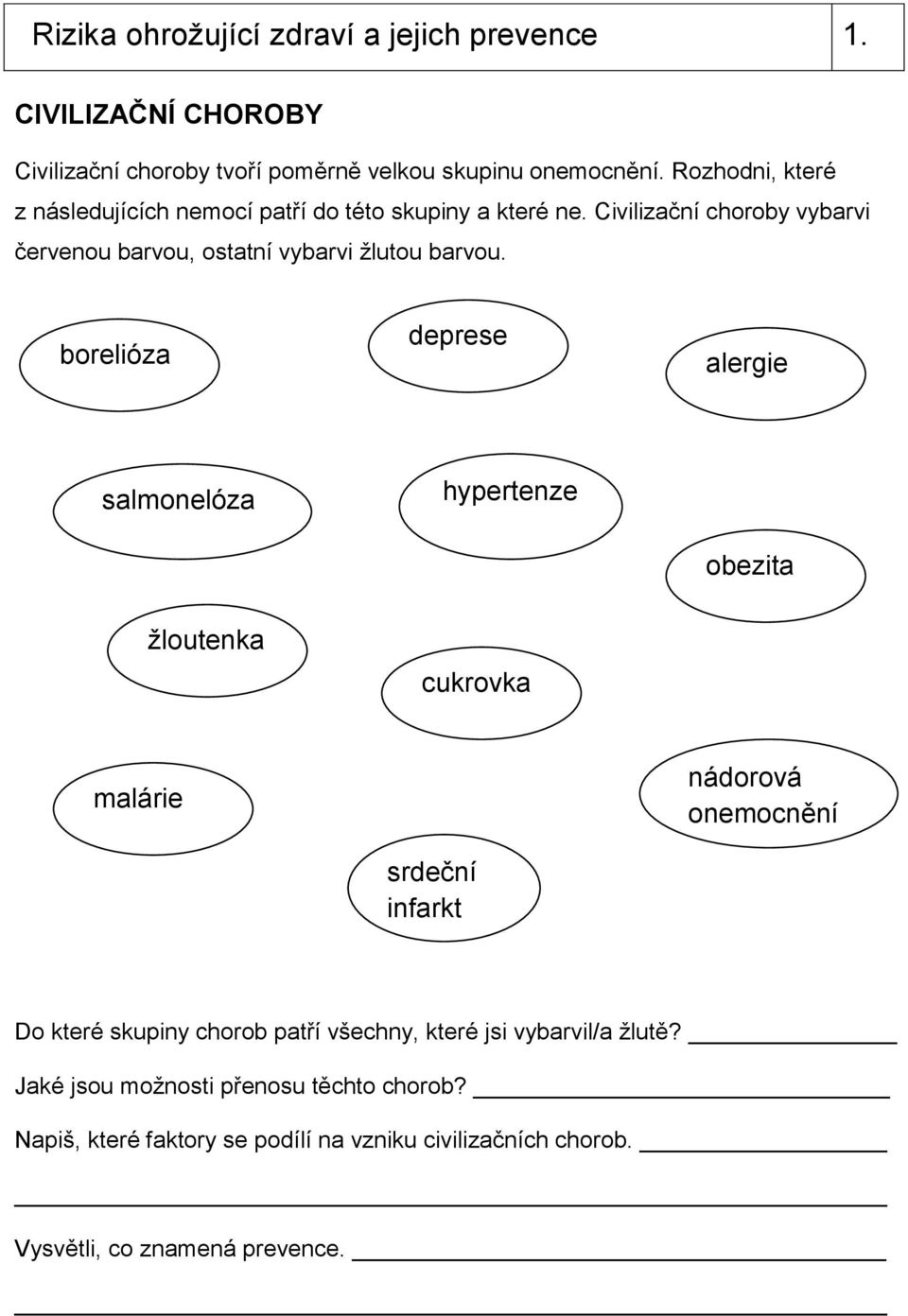 borelióza deprese alergie salmonelóza hypertenze obezita žloutenka cukrovka malárie srdeční infarkt nádorová onemocnění Do které skupiny chorob patří