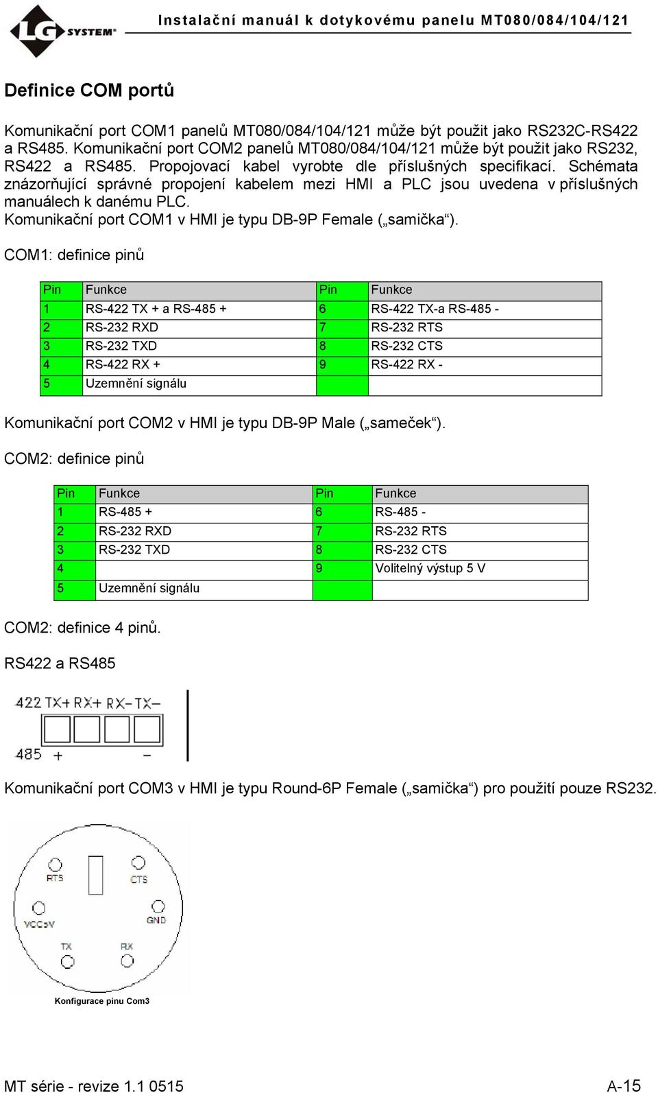Komunikační port COM1 v HMI je typu DB-9P Female ( samička ).