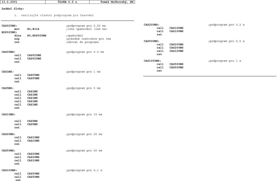 5 ms CAS1MS: ;podprogram pro 1 ms CAS200MS: ;podprogram pro 0,2 s call CAS100MS call CAS100MS CAS500MS: ;podprogram pro 0,5 s call CAS200MS call CAS200MS call CAS100MS CAS1000MS: ;podprogram