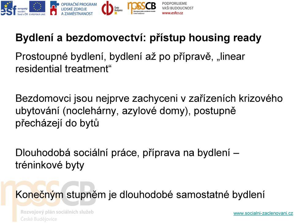 krizového ubytování (noclehárny, azylové domy), postupně přecházejí do bytů Dlouhodobá