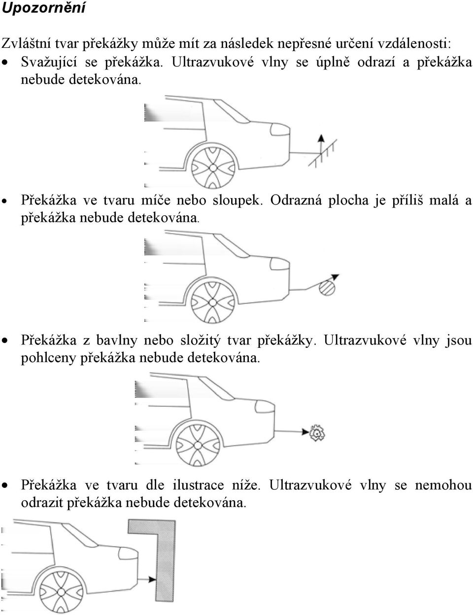 Odrazná plocha je příliš malá a překážka nebude detekována. Překážka z bavlny nebo složitý tvar překážky.