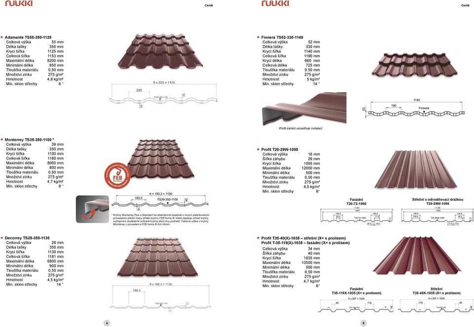 sklon střechy 14 Profil zámků usnadňuje instalaci Monterrey TS39-350-10 * 39 mm 350 mm 10 mm Celková šířka 80 mm Maximální délka 8000 mm Minimální délka 800 mm 4,7 kg/m² Min.