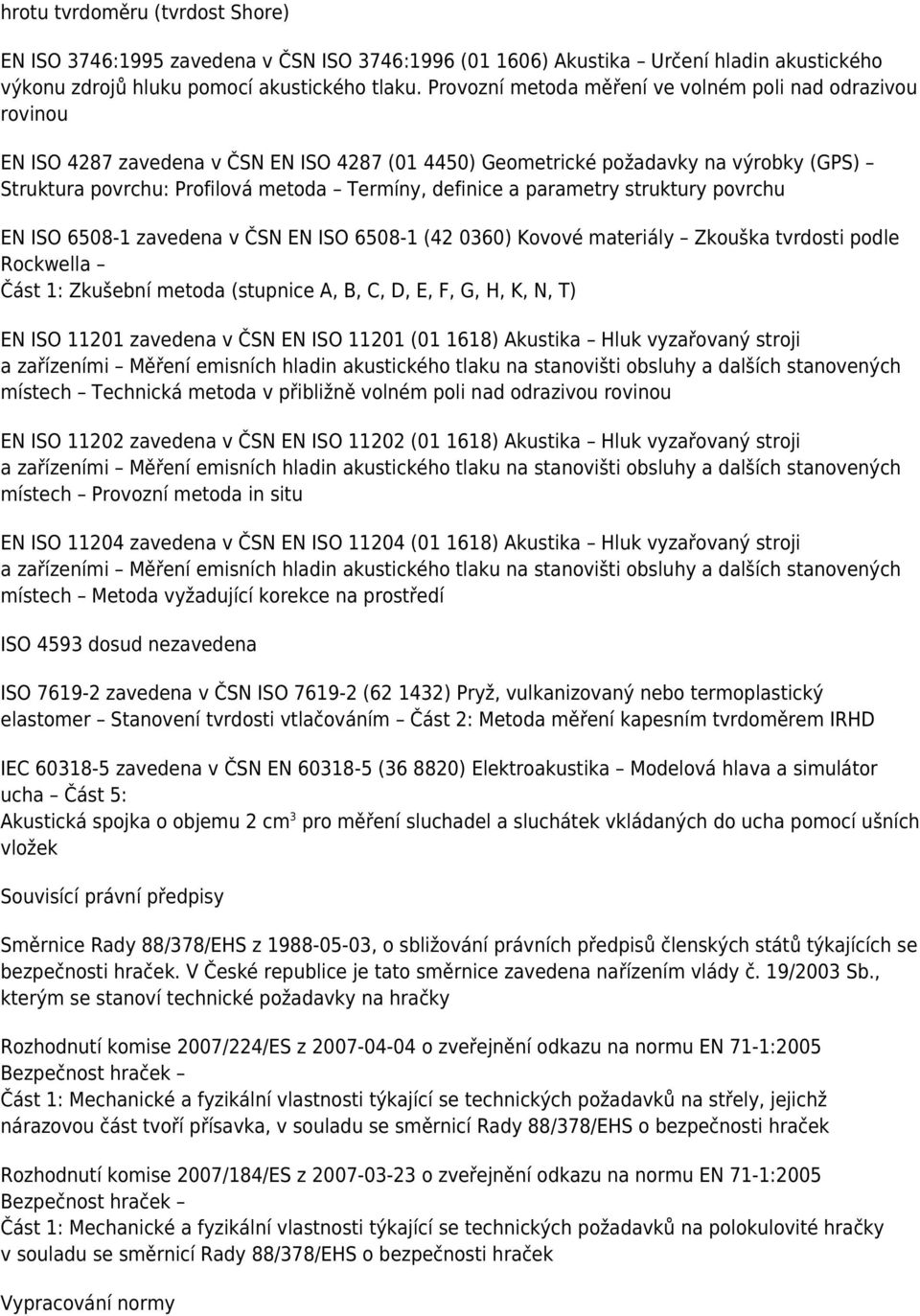 definice a parametry struktury povrchu EN ISO 6508-1 zavedena v ČSN EN ISO 6508-1 (42 0360) Kovové materiály Zkouška tvrdosti podle Rockwella Část 1: Zkušební metoda (stupnice A, B, C, D, E, F, G, H,