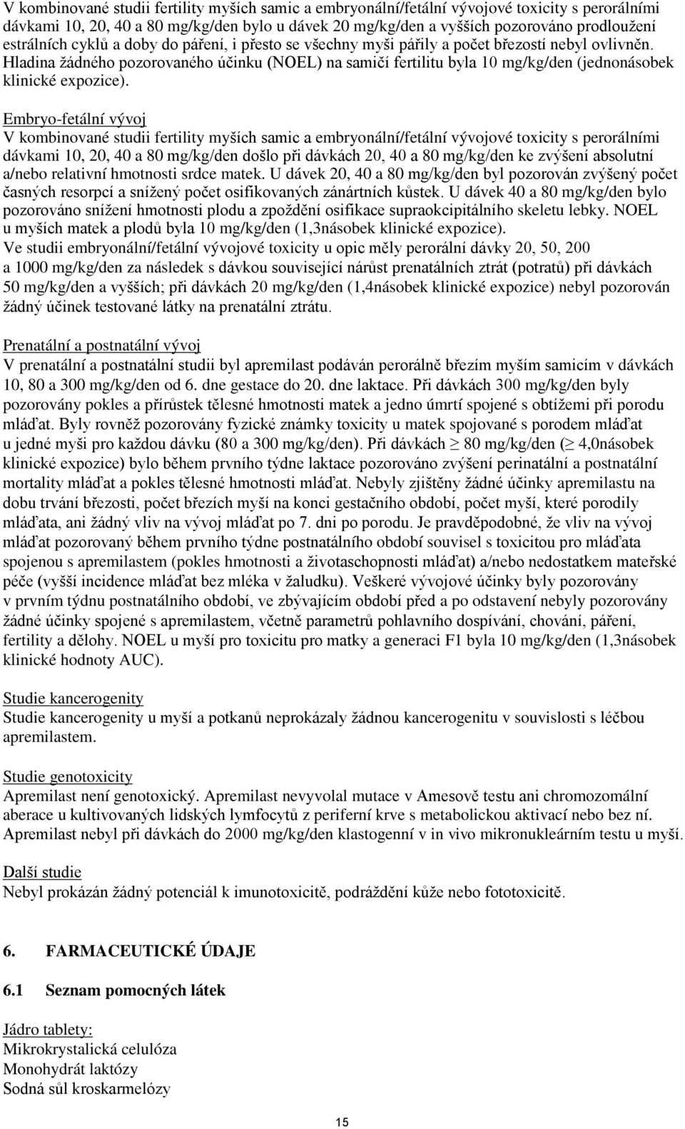 Hladina žádného pozorovaného účinku (NOEL) na samičí fertilitu byla 10 mg/kg/den (jednonásobek klinické expozice).