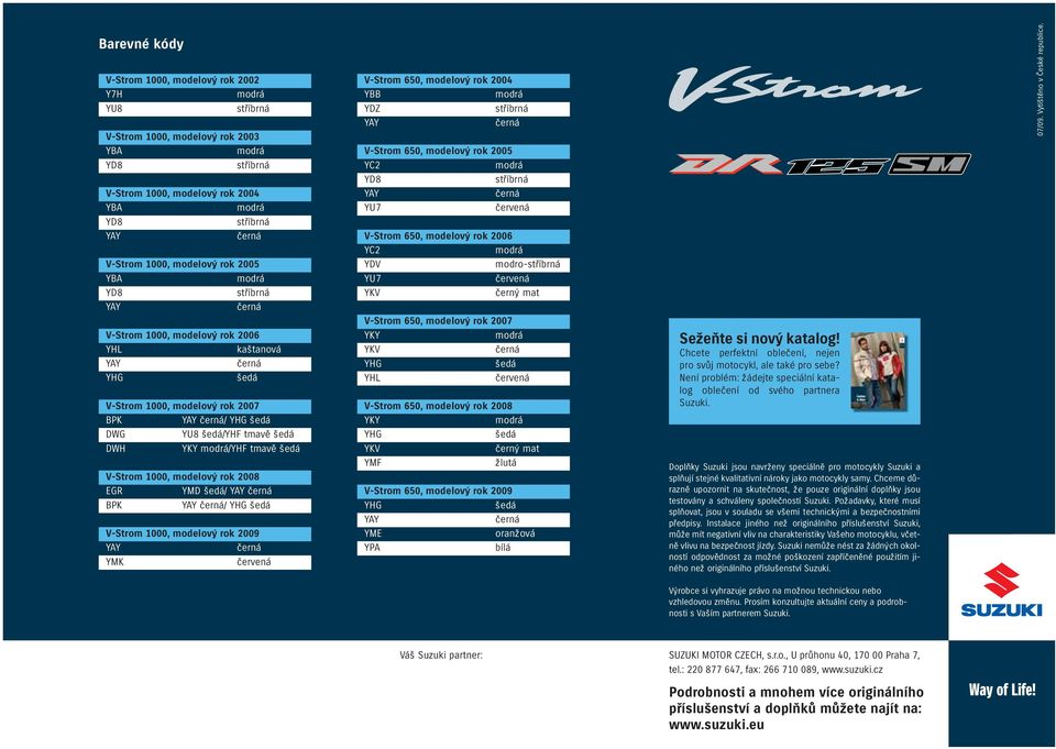 šedá V-Strom 1000, modelový rok 2008 EGR YMD šedá/ YAY černá BPK YAY černá/ YHG šedá V-Strom 1000, modelový rok 2009 YAY černá YMK červená V-Strom 650, modelový rok 2004 YBB YDZ stříbrná YAY černá