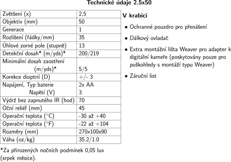 (m/yds)* 5/5 Korekce dioptríı (D) +/- 3 Napájení, Typ baterie 2x AA Napětí (V) 3 Výdrž bez zapnutého IR (hod) 70 Oční reliéf (mm) 45 Operační teplota ( C) -30 až +40