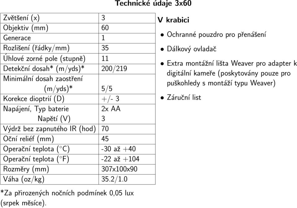 -30 až +40 Operační teplota ( F) -22 až +104 Rozměry (mm) 307x100x90 Váha (oz/kg) 35.2/1.0 *Za přirozených nočních podmínek 0,05 lux (srpek měsíce).