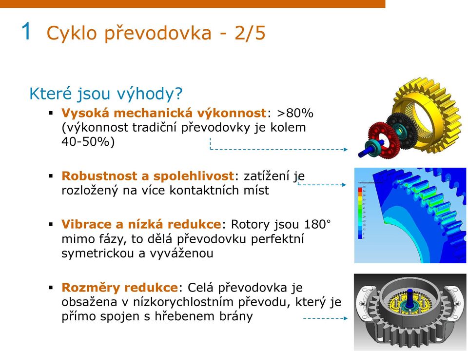 spolehlivost: zatížení je rozložený na více kontaktních míst Vibrace a nízká redukce: Rotory jsou 180