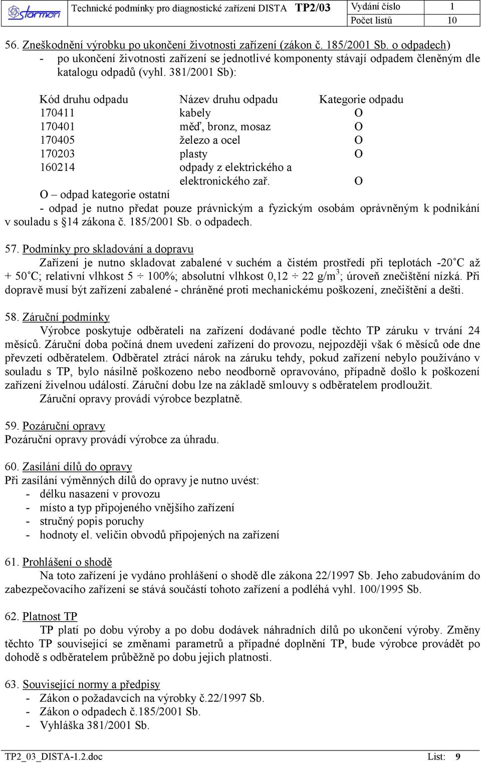 381/2001 Sb): Kód druhu odpadu Název druhu odpadu Kategorie odpadu 170411 kabely O 170401 měď, bronz, mosaz O 170405 železo a ocel O 170203 plasty O 160214 odpady z elektrického a elektronického zař.