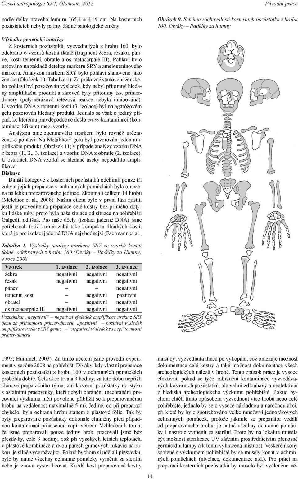 (fragment žebra, řezáku, pán ve, kosti temenní, obratle a os metacarpale III). Pohlaví bylo určováno na základě detekce markeru SRY a amelogeninového markeru.