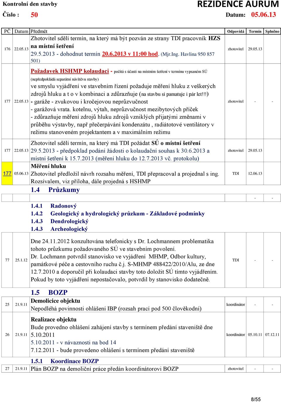 13 Požadavek HSHMP kolaudaci - počítá s účasti na místním šetření v termínu vypsaném SÚ (nepředpokládá separátní návštěvu stavby) ve smyslu vyjádření ve stavebním řízení požaduje měření hluku z