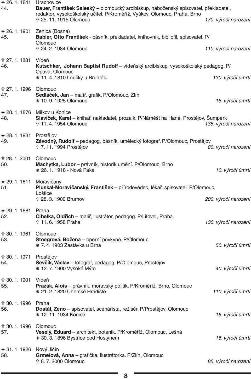 výročí narození U 27. 1. 1881 Vídeň 46. Kutschker, Johann Baptist Rudolf vídeňský arcibiskup, vysokoškolský pedagog. P/ opava, Olomouc â 11. 4. 1810 Loučky u Bruntálu 130. výročí úmrtí U 27. 1. 1996 Olomouc 47.