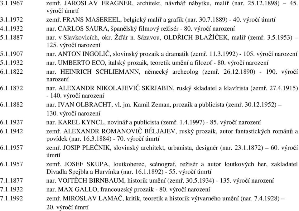 ANTON INGOLIČ, slovinský prozaik a dramatik (zemř. 11.3.1992) - 105. výročí 5.1.1932 nar. UMBERTO ECO, italský prozaik, teoretik umění a filozof - 80. výročí 6.1.1822 nar.