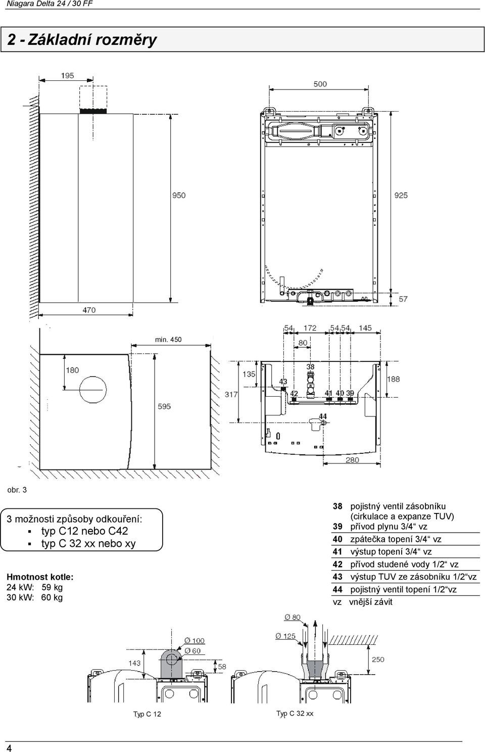 3/4 vz typ C12 nebo C42 40 zpátečka topení 3/4 vz typ C 32 xx nebo xy 41 výstup topení 3/4 vz 42