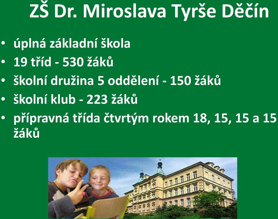 19 tříd - 530 žáků školní družina 5 oddělení