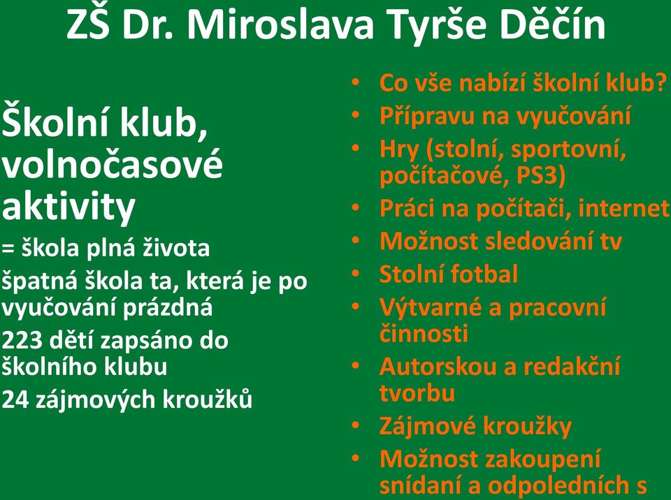 vyučování prázdná 223 dětí zapsáno do školního klubu 24 zájmových kroužků Co vše nabízí školní klub?