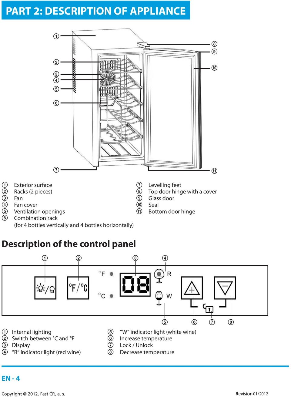 vertically and 4 bottles horizontally) Description of the control panel 1 2 3 4 5 6 7 8 1 Internal lighting 5 W indicator light