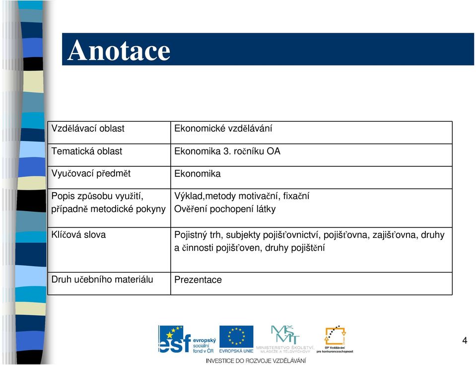 ročníku OA Ekonomika Výklad,metody motivační, fixační Ověření pochopení látky Pojistný trh,