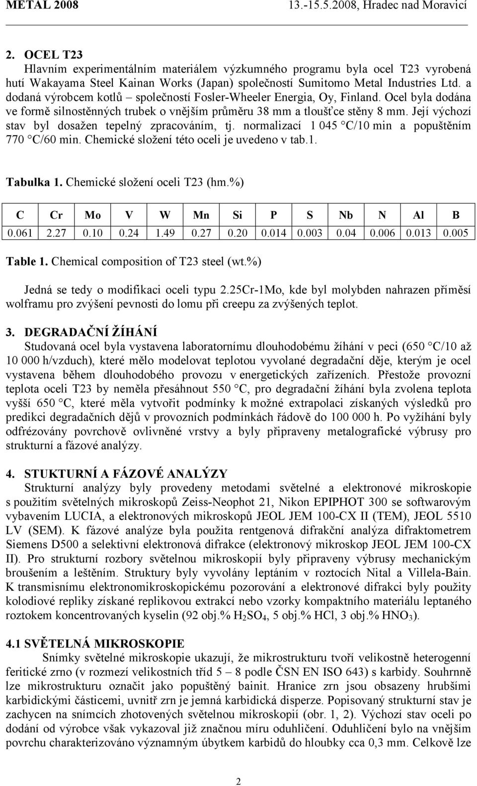 Její výchozí stav byl dosažen tepelný zpracováním, tj. normalizací 1 045 C/10 min a popuštěním 770 C/60 min. Chemické složení této oceli je uvedeno v tab.1. Tabulka 1. Chemické složení oceli T23 (hm.