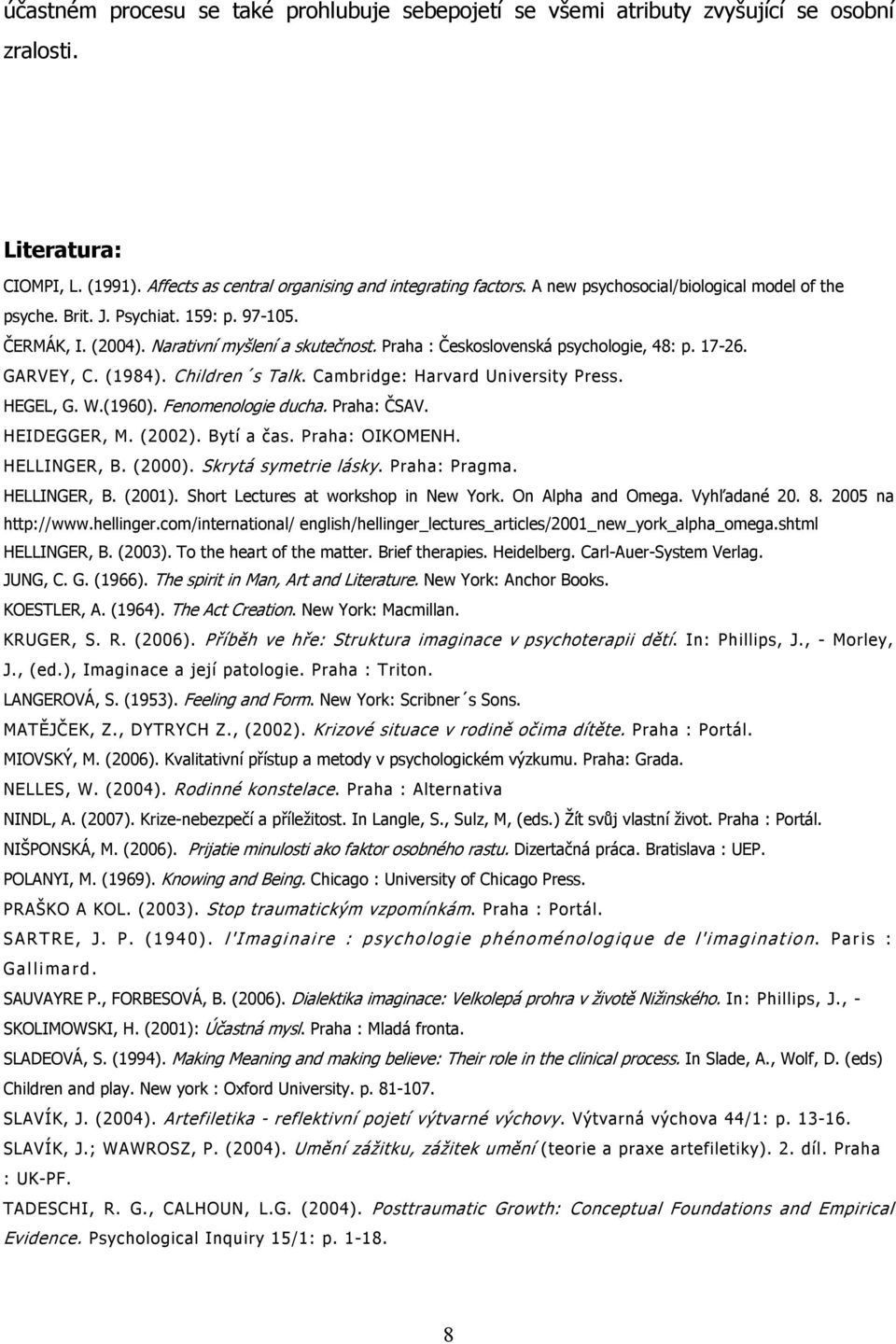 (1984). Children s Talk. Cambridge: Harvard University Press. HEGEL, G. W.(1960). Fenomenologie ducha. Praha: ČSAV. HEIDEGGER, M. (2002). Bytí a čas. Praha: OIKOMENH. HELLINGER, B. (2000).