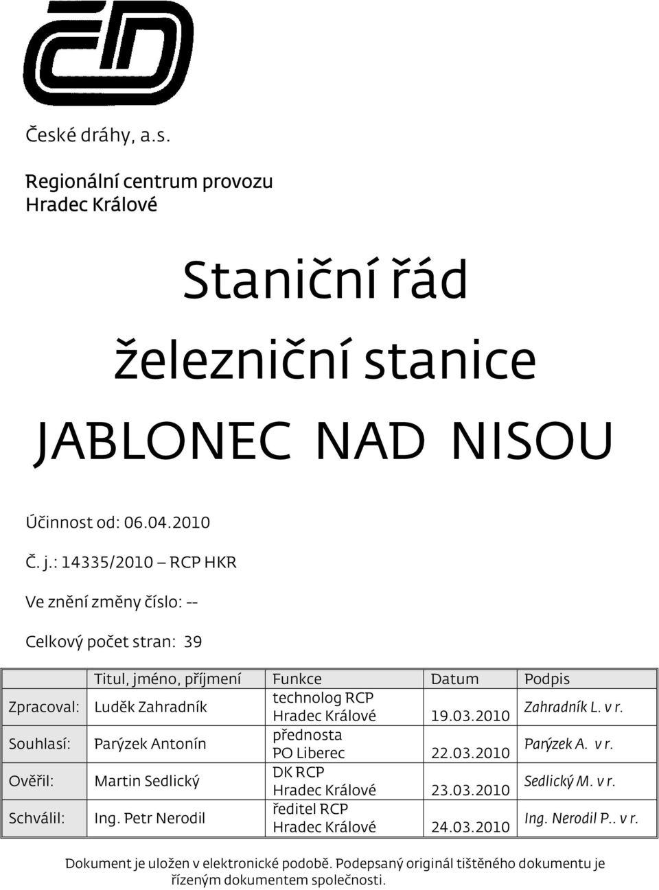 technolog RCP Hradec Králové 19.03.2010 Zahradník L. v r. Parýzek Antonín přednosta PO Liberec 22.03.2010 Parýzek A. v r. Martin Sedlický DK RCP Hradec Králové 23.03.2010 Sedlický M.