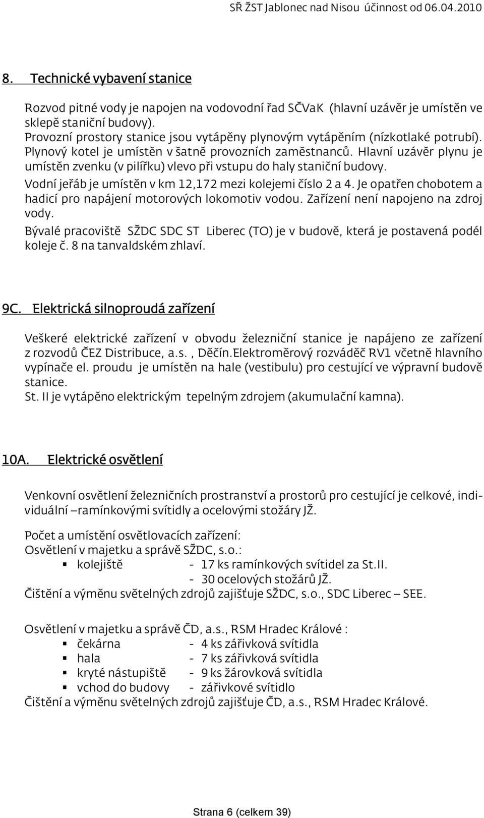 Hlavní uzávěr plynu je umístěn zvenku (v pilířku) vlevo při vstupu do haly staniční budovy. Vodní jeřáb je umístěn v km 12,172 mezi kolejemi číslo 2 a 4.