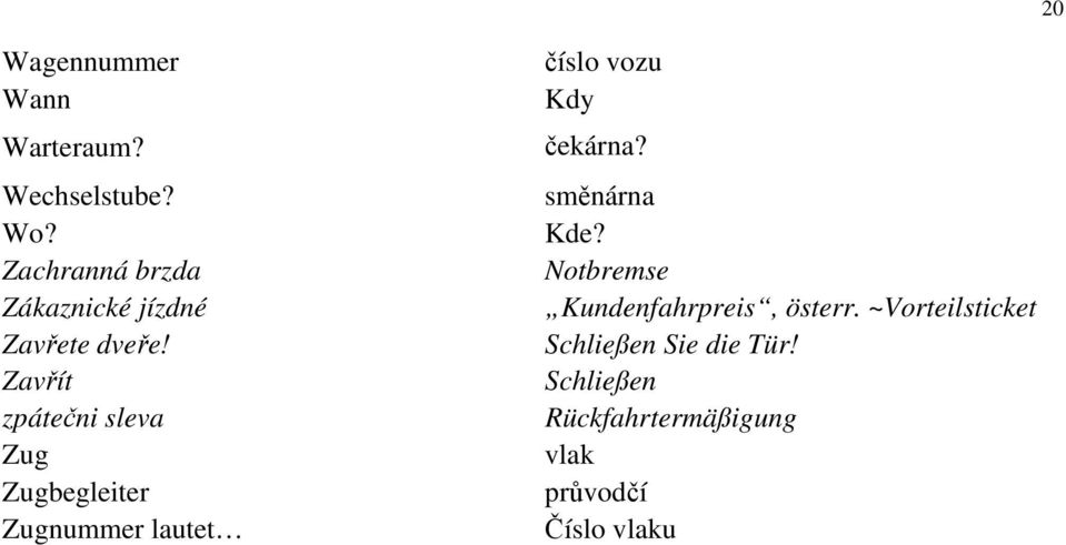 Zavřít zpátečni sleva Zug Zugbegleiter Zugnummer lautet číslo vozu Kdy čekárna?