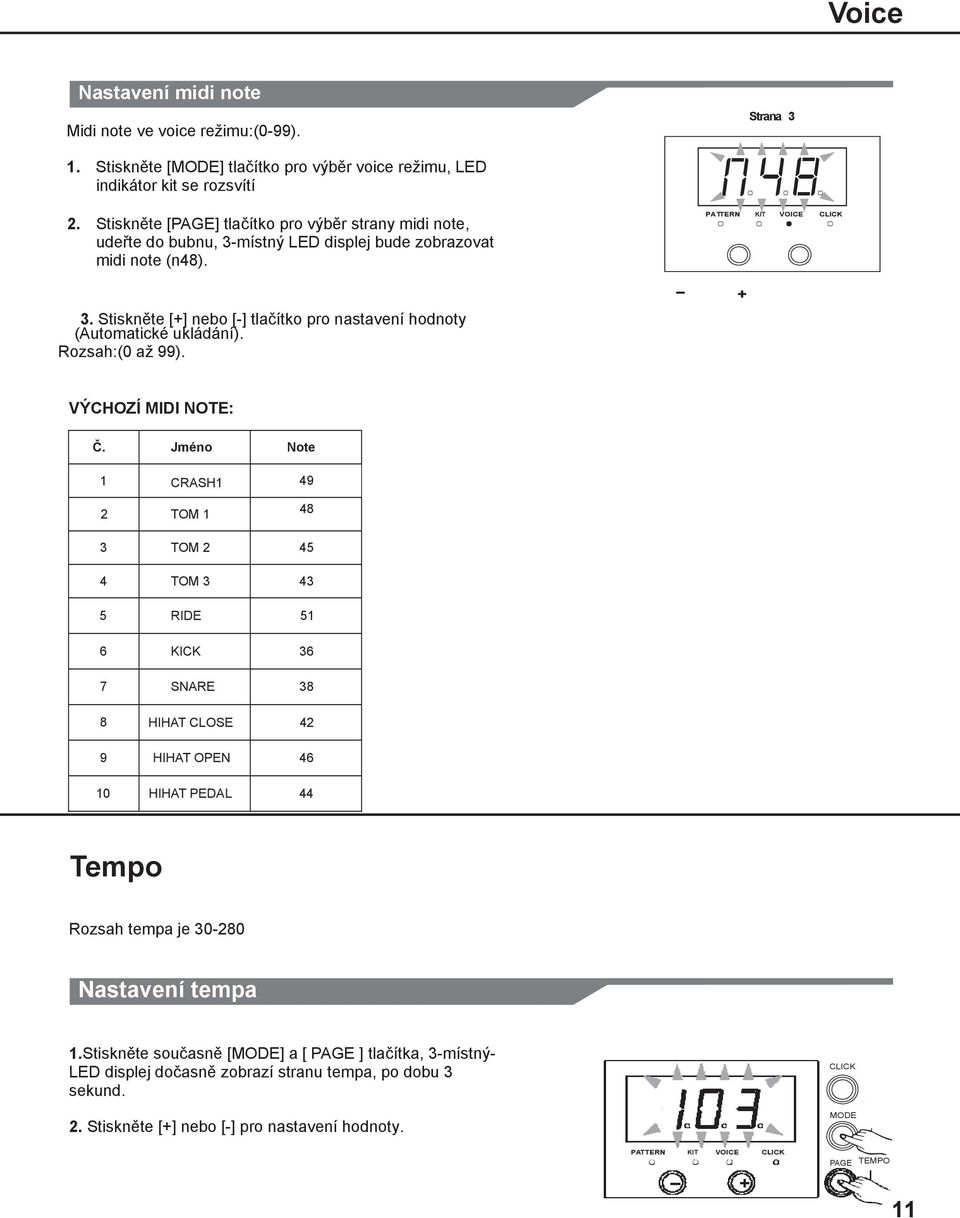 Rozsah:(0 až 99). PATTERN KIT VICE CLICK VÝCHZÍ MIDI NTE: Č.