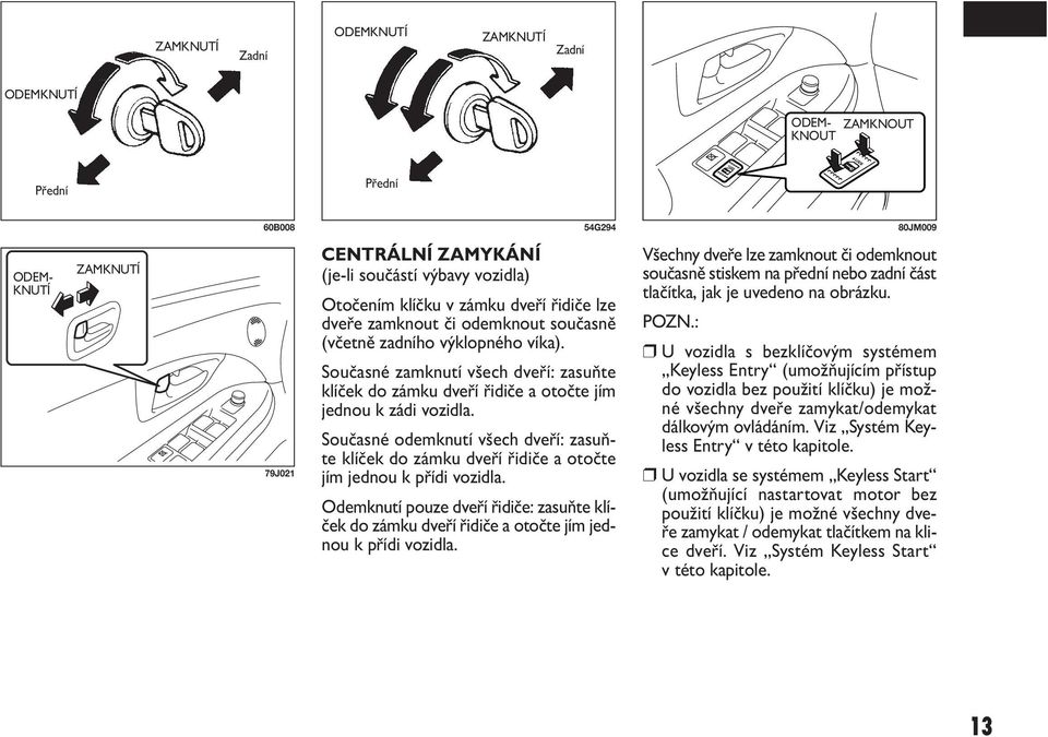 Současné zamknutí všech dveří: zasuňte klíček do zámku dveří řidiče a otočte jím jednou k zádi vozidla.