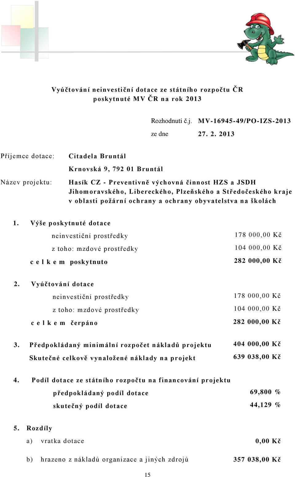 . 2. 2013 Příjemce dotace: Název projektu: Citadela Bruntál Krnovská 9, 792 01 Bruntál Hasík CZ - Preventivně výchovná činnost HZS a JSDH Jihomoravského, Libereckého, Plzeňského a Středočeského kraje