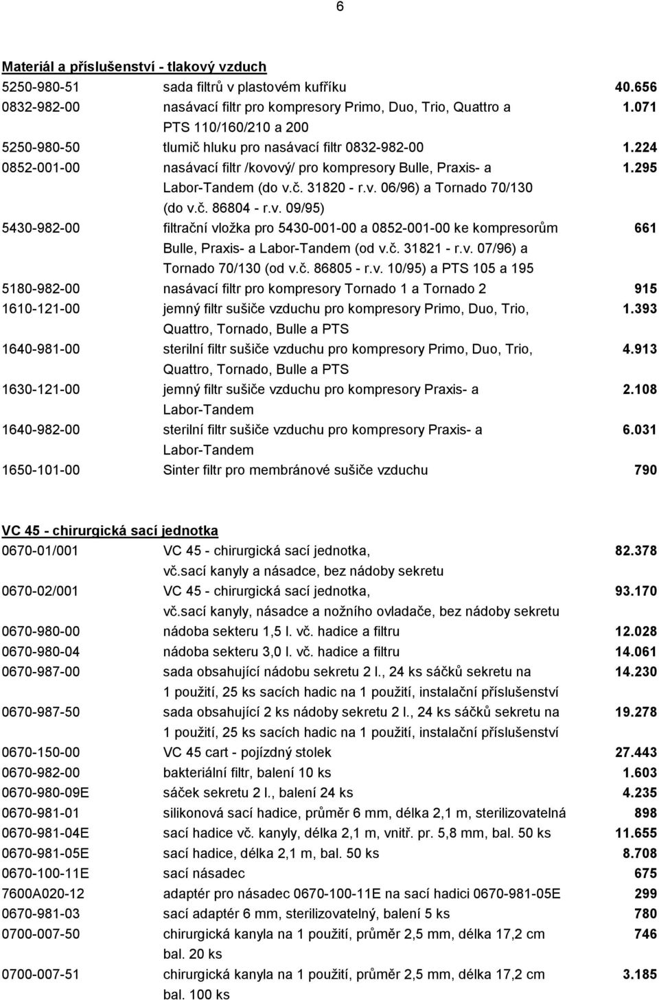 č. 86804 - r.v. 09/95) 5430-982-00 filtrační vložka pro 5430-001-00 a 0852-001-00 ke kompresorům 661 Bulle, Praxis- a Labor-Tandem (od v.č. 31821 - r.v. 07/96) a Tornado 70/130 (od v.č. 86805 - r.v. 10/95) a PTS 105 a 195 5180-982-00 nasávací filtr pro kompresory Tornado 1 a Tornado 2 915 1610-121-00 jemný filtr sušiče vzduchu pro kompresory Primo, Duo, Trio, 1.