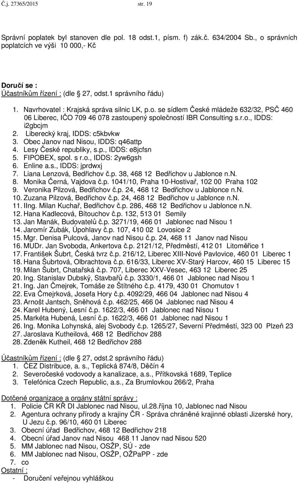 Liberecký kraj, IDDS: c5kbvkw 3. Obec Janov nad Nisou, IDDS: q46attp 4. Lesy České republiky, s.p., IDDS: e8jcfsn 5. FIPOBEX, spol. s r.o., IDDS: 2yw6gsh 6. Enline a.s., IDDS: jprdwxj 7.