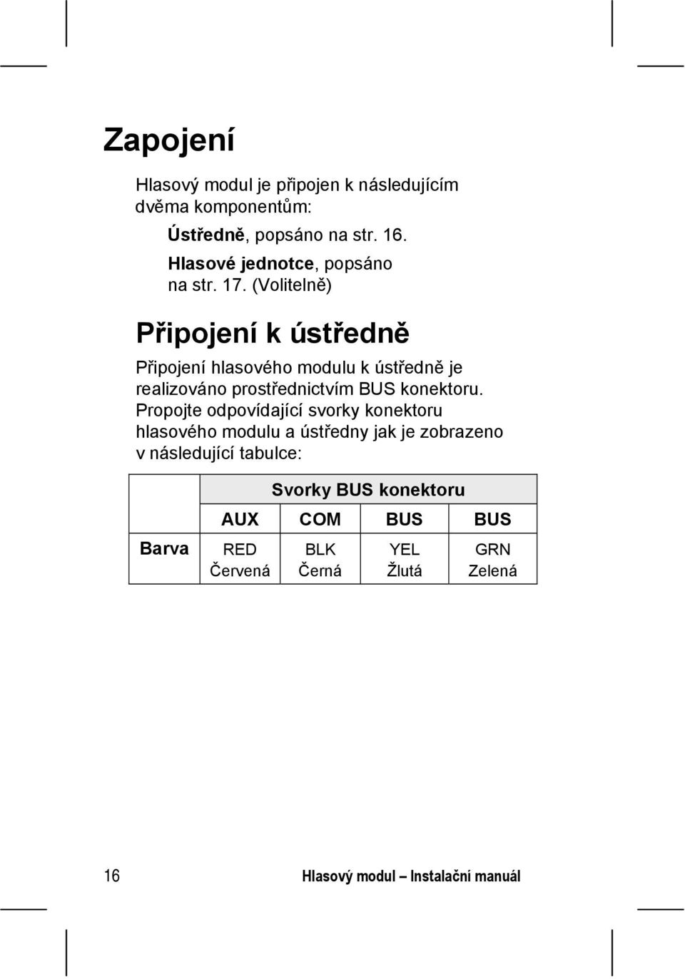 (Volitelně) Připojení k ústředně Připojení hlasového modulu k ústředně je realizováno prostřednictvím BUS konektoru.