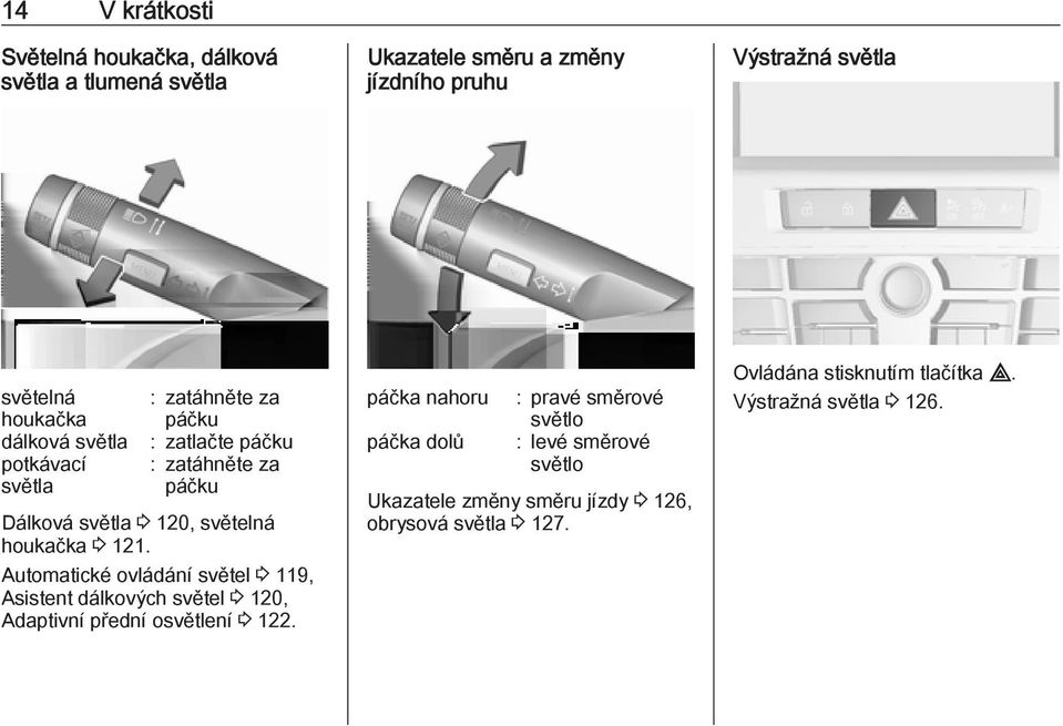 Automatické ovládání světel 3 119, Asistent dálkových světel 3 120, Adaptivní přední osvětlení 3 122.