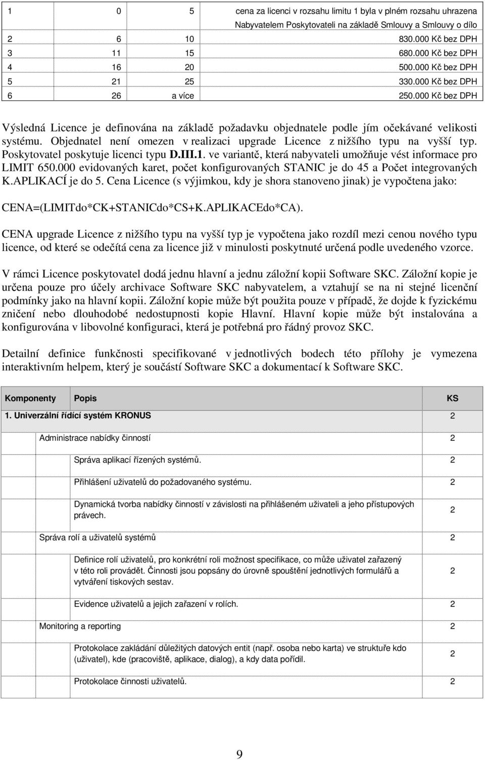 Objednatel není omezen v realizaci upgrade Licence z nižšího typu na vyšší typ. Poskytovatel poskytuje licenci typu D.III.1. ve variantě, která nabyvateli umožňuje vést informace pro LIMIT 650.