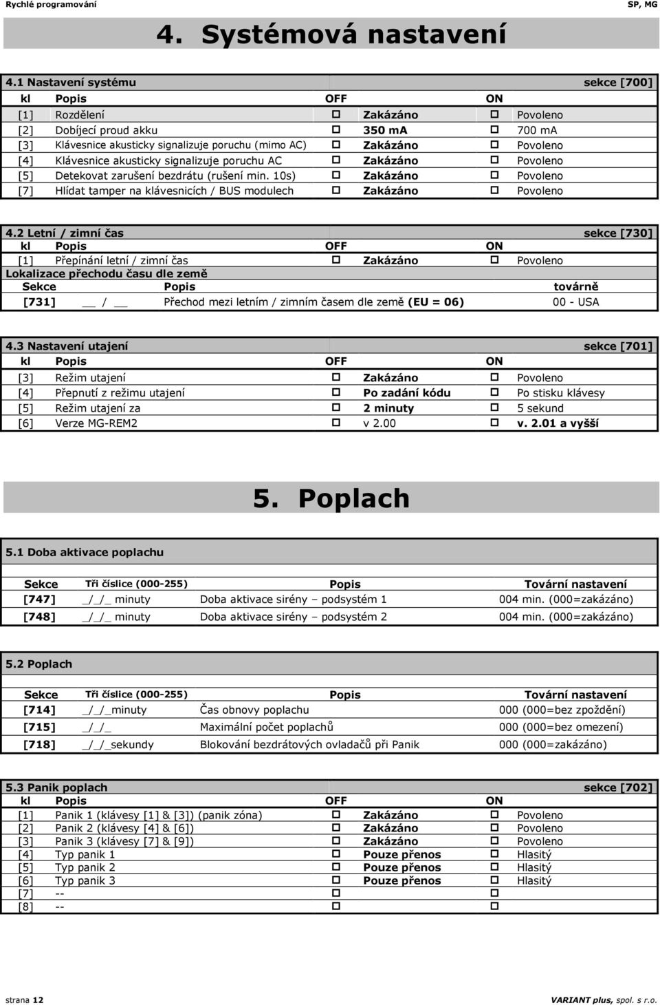 signalizuje poruchu AC Zakázáno Povoleno [5] Detekovat zarušení bezdrátu (rušení min. 10s) Zakázáno Povoleno [7] Hlídat tamper na klávesnicích / BUS modulech Zakázáno Povoleno 4.