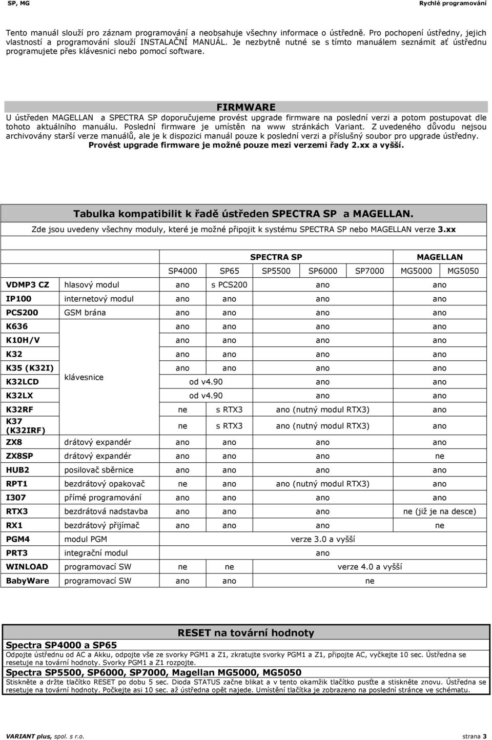 FIRMWARE U ústředen MAGELLAN a SPECTRA SP doporučujeme provést upgrade firmware na poslední verzi a potom postupovat dle tohoto aktuálního manuálu.