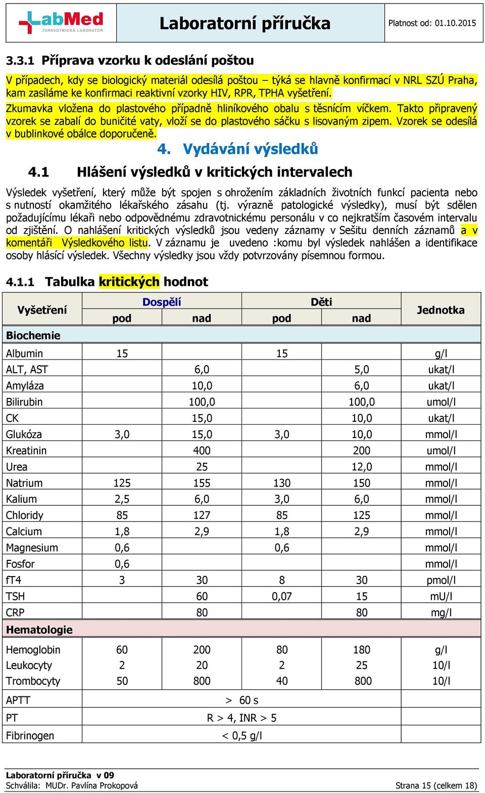 Vzorek se odesílá v bublinkové obálce doporučeně. 4. Vydávání výsledků 4.